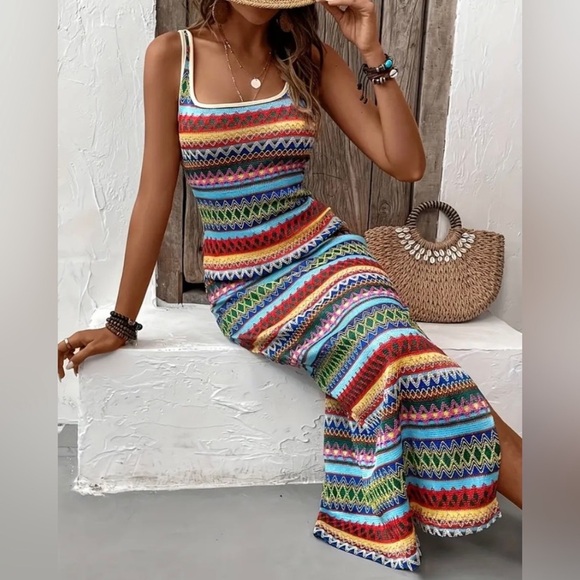 New Striped Pattern Square Neck Tank Dress Sleeveless Slit Boho Multicolored NWT - Picture 16 of 16
